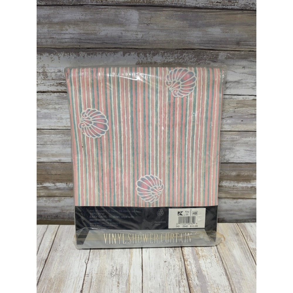 Vintage Kmart Shell Stripe Vinyl Shower Curtain Seashell Pastel‎ Pink Blue 70x72